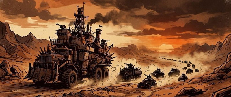 Big trucks rolling across a desert at sunset