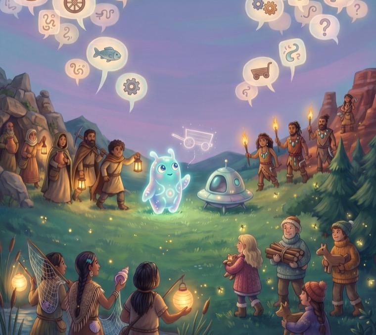 Villagers with lanterns meeting a friendly glowing visitor