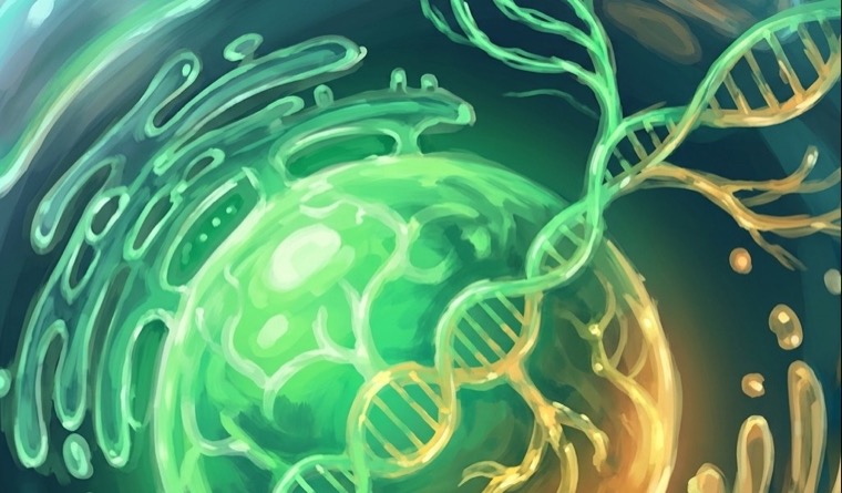 A glowing green cell with twisting DNA